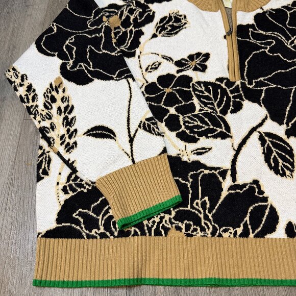 Maeve Anthropologie Floral Knit Mock Neck Half Zip Sweater Camel Black - Picture 3 of 11